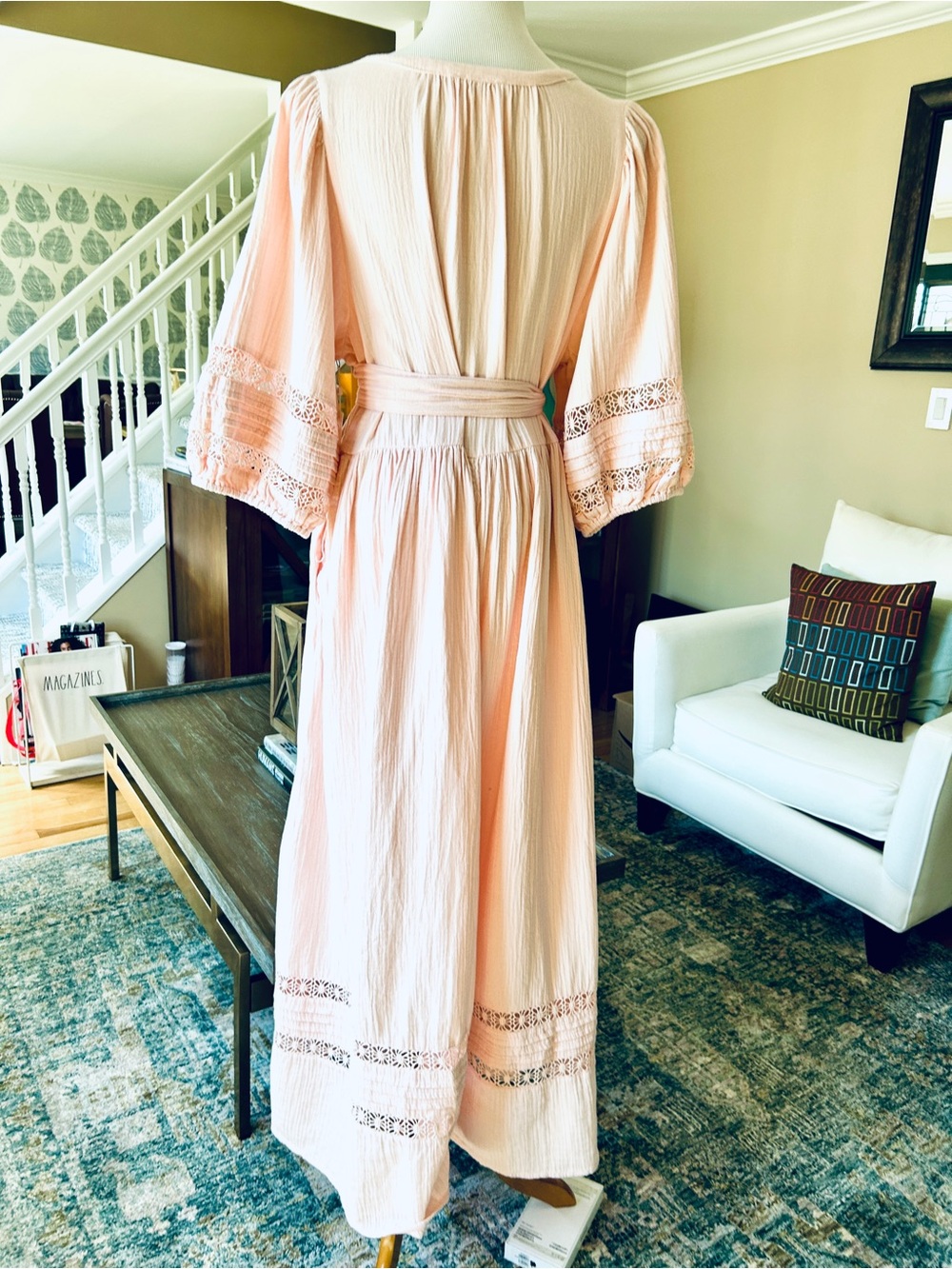 Caslon Pink Cotton Gauze Maxi Dress Puff Sleeve Crochet Lace Pintuck XL NWT - Picture 10 of 16